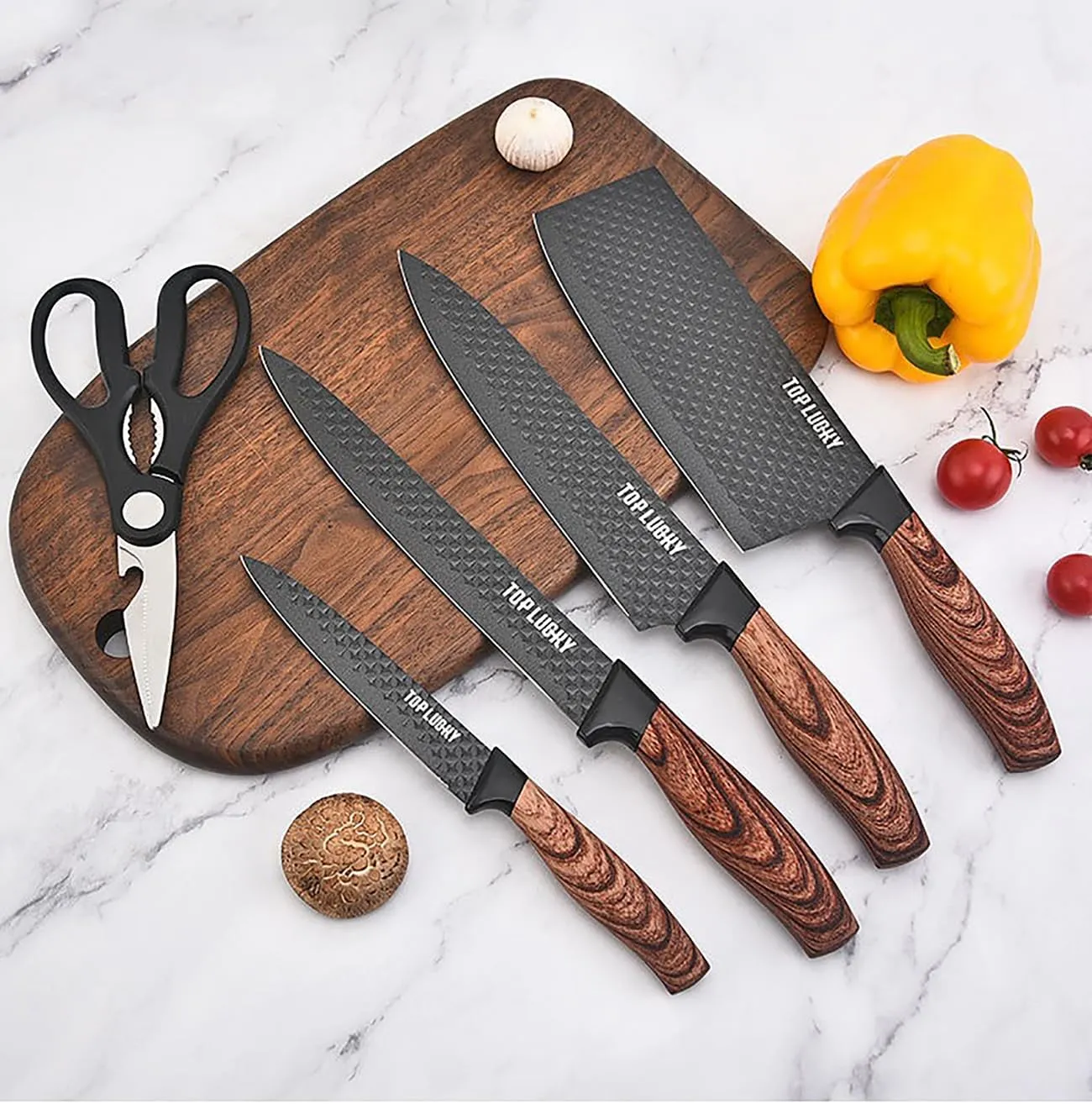 Kitchen Knife Set, 6-Pieces Luxury Wooden Coating Knife Set, Light Wood Grain Handle, Stainless Steel Non-Stick Sharp Blade Chef Knife Set with Cylindrical Knife Block for Gift