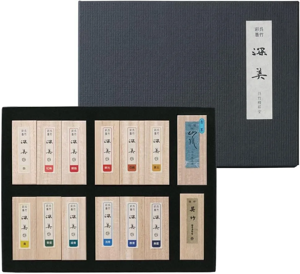 Kuretake SAIBOKU SHIMBI 12 Colors and 2 Black Sumi Ink Stick Set, Japanese Traditional Calligraphy, Shodo, for Drawing, Professional, Made in Japan
