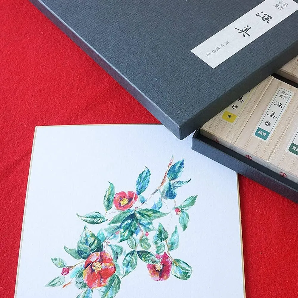 Kuretake SAIBOKU SHIMBI 12 Colors and 2 Black Sumi Ink Stick Set, Japanese Traditional Calligraphy, Shodo, for Drawing, Professional, Made in Japan