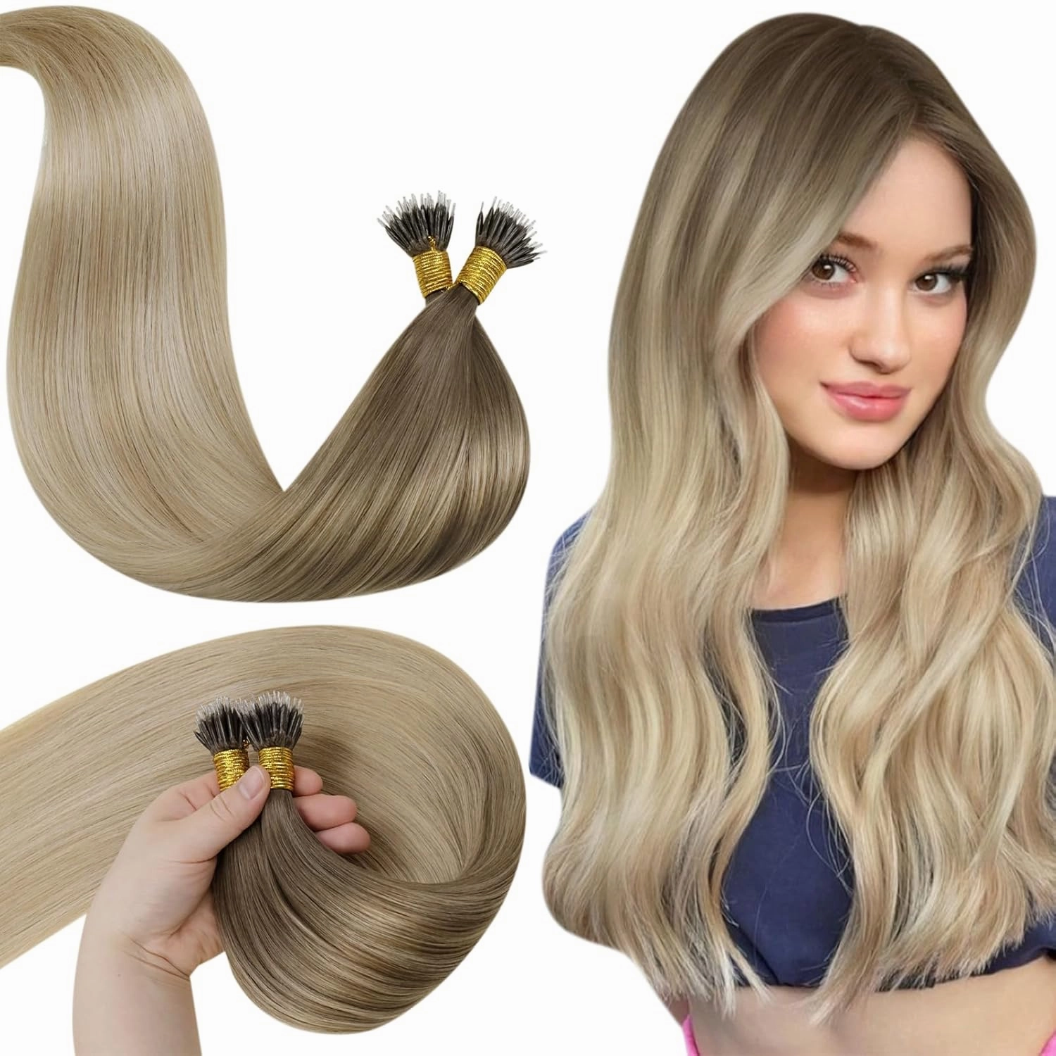 LaaVoo Nano Ring Hair Extensions Human Hair Blonde Balayage Nano Bead Human Hair Extensions Ombre Light Brown to Ash Blonde with Platinum Blonde Nano Ring Hair Extensions 50g 50s 18 Inch