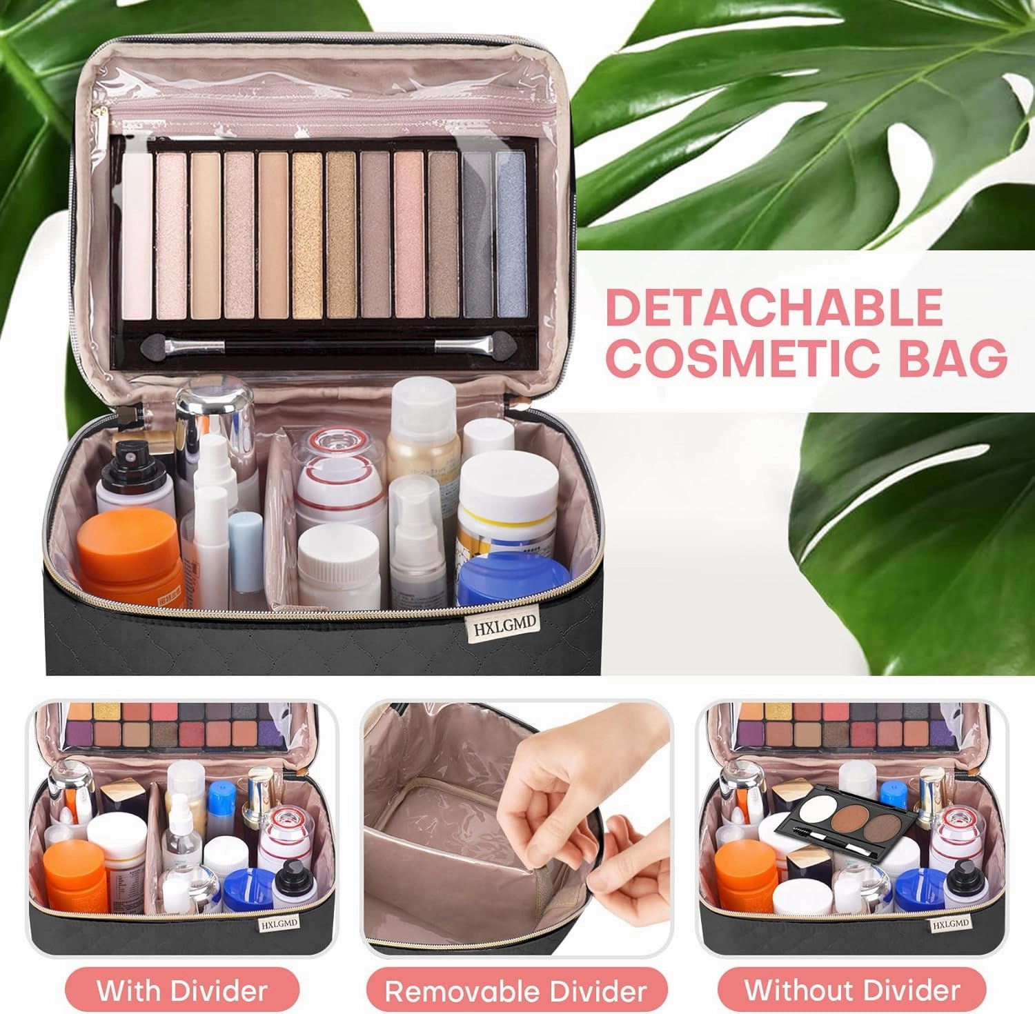 Large Makeup Bag with Mirror Double Layer Travel Make Up Organizer Case, Large Capacity Coemetic Bag with Brush Slot Divider