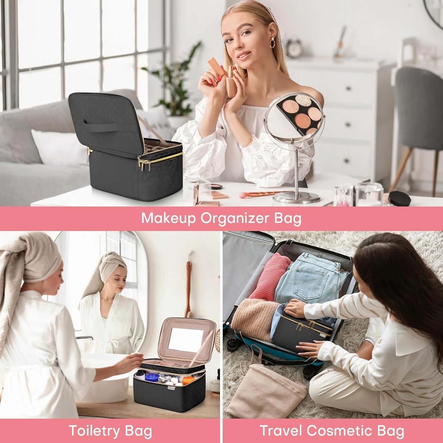 Large Makeup Bag with Mirror Double Layer Travel Make Up Organizer Case, Large Capacity Coemetic Bag with Brush Slot Divider