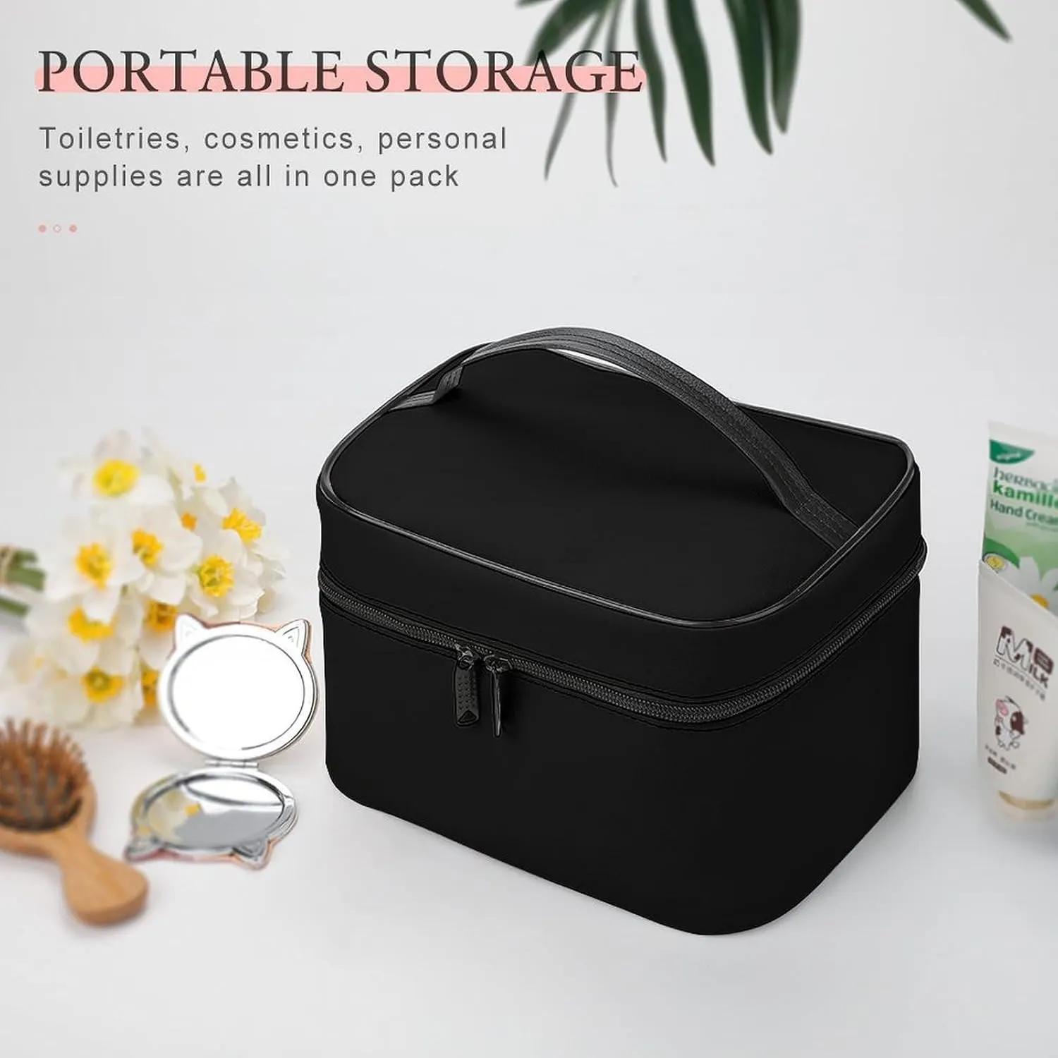 Leather Cosmetic Case, Black Color Classic Elegant Portable Makeup Bag Organizer Large Capacity Travel Toiletry Bag with Zipper