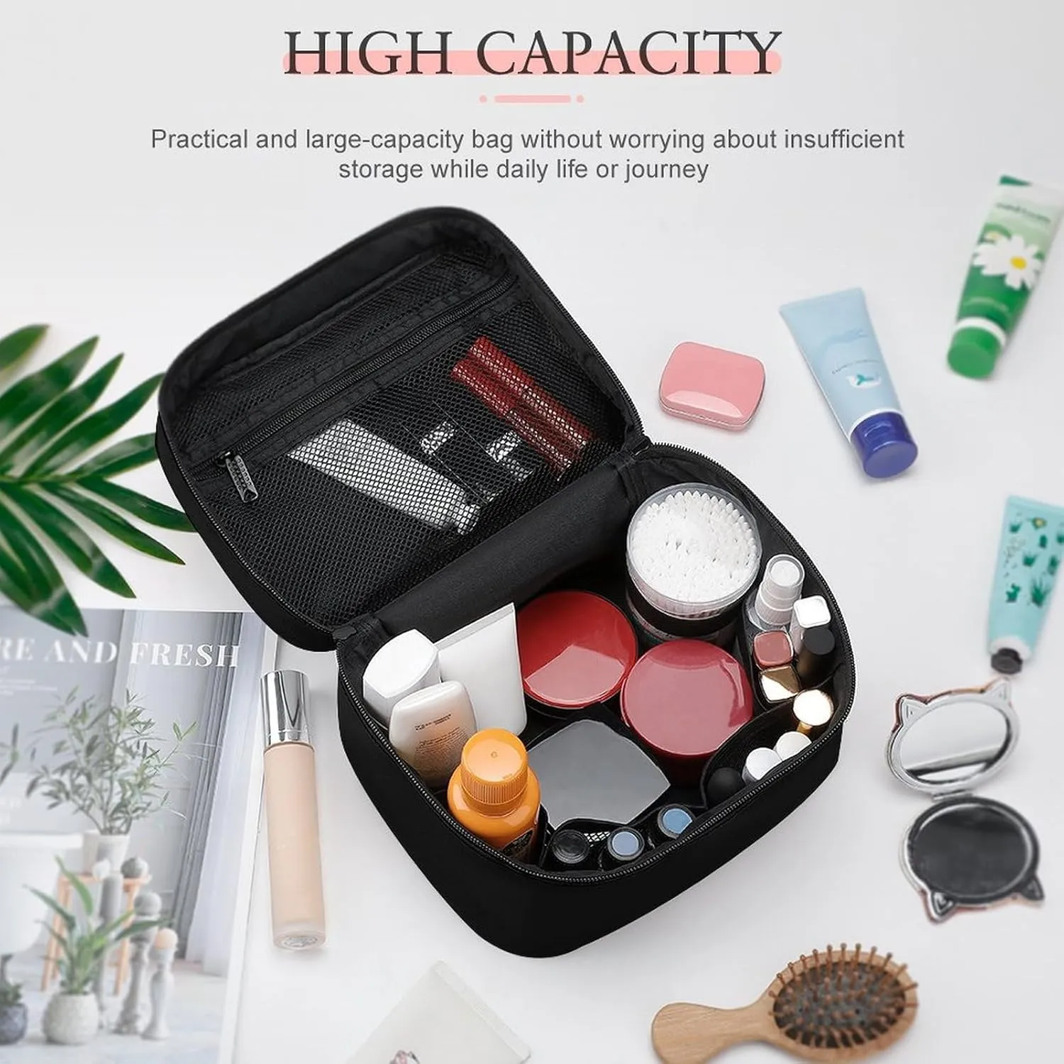 Leather Cosmetic Case, Black Color Classic Elegant Portable Makeup Bag Organizer Large Capacity Travel Toiletry Bag with Zipper