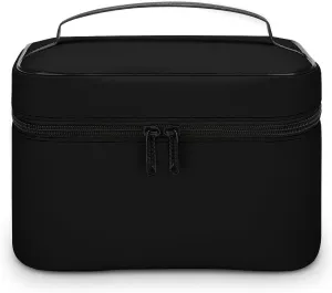 Leather Cosmetic Case, Black Color Classic Elegant Portable Makeup Bag Organizer Large Capacity Travel Toiletry Bag with Zipper