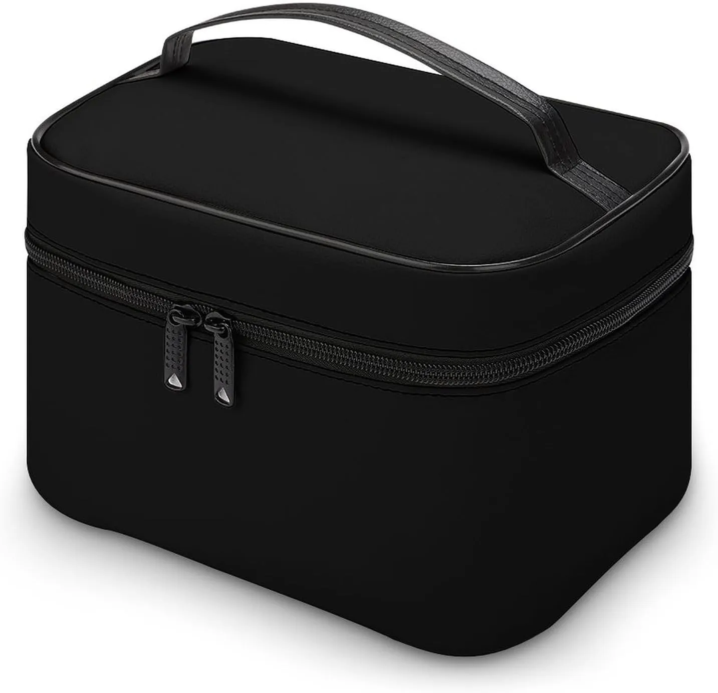 Leather Cosmetic Case, Black Color Classic Elegant Portable Makeup Bag Organizer Large Capacity Travel Toiletry Bag with Zipper