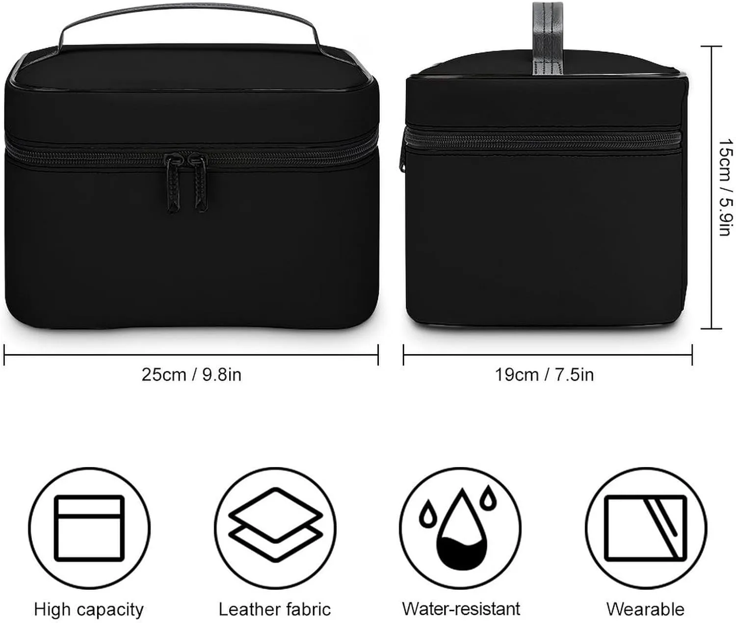 Leather Cosmetic Case, Black Color Classic Elegant Portable Makeup Bag Organizer Large Capacity Travel Toiletry Bag with Zipper