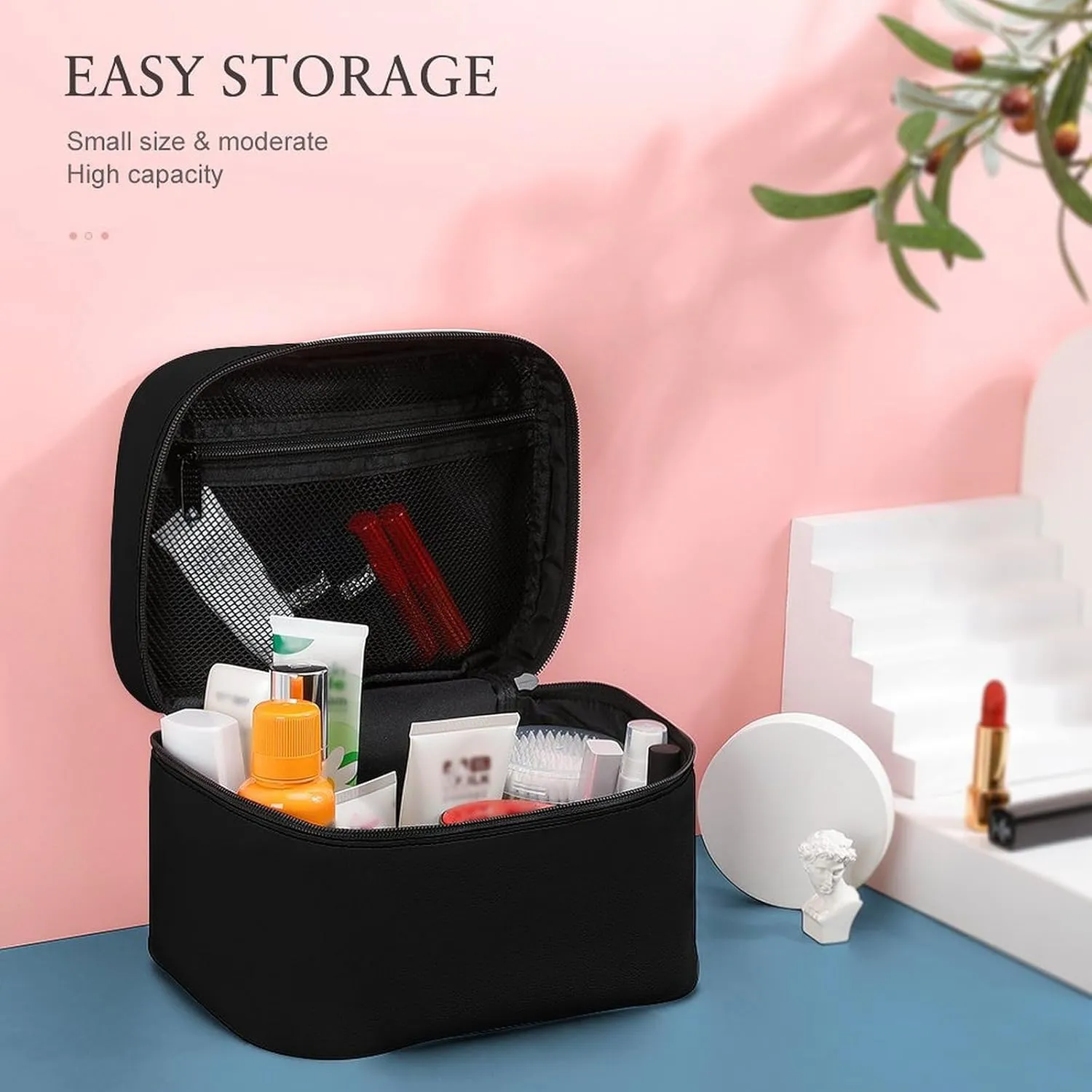 Leather Cosmetic Case, Black Color Classic Elegant Portable Makeup Bag Organizer Large Capacity Travel Toiletry Bag with Zipper