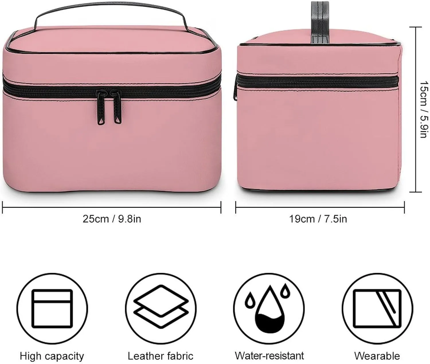 Leather Cosmetic Case, Blush Rose Pink Solid Color Classic Elegant Portable Makeup Bag Organizer Large Capacity Travel Toiletry Bag with Zipper