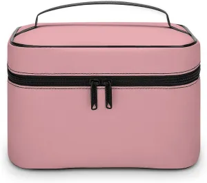 Leather Cosmetic Case, Blush Rose Pink Solid Color Classic Elegant Portable Makeup Bag Organizer Large Capacity Travel Toiletry Bag with Zipper