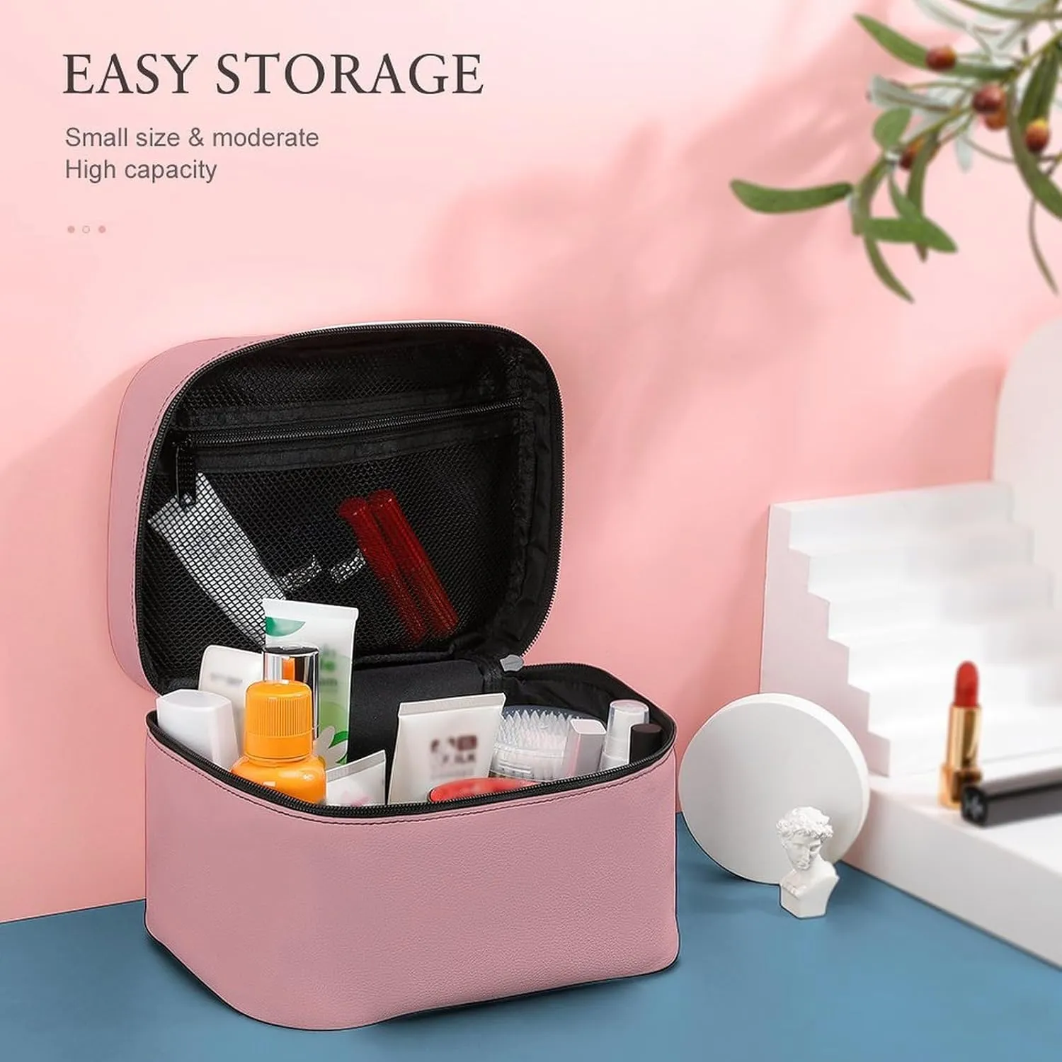 Leather Cosmetic Case, Blush Rose Pink Solid Color Classic Elegant Portable Makeup Bag Organizer Large Capacity Travel Toiletry Bag with Zipper