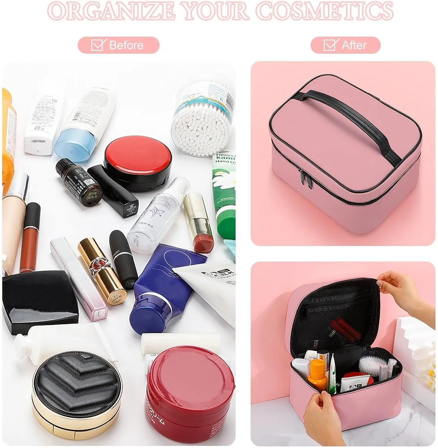 Leather Cosmetic Case, Blush Rose Pink Solid Color Classic Elegant Portable Makeup Bag Organizer Large Capacity Travel Toiletry Bag with Zipper
