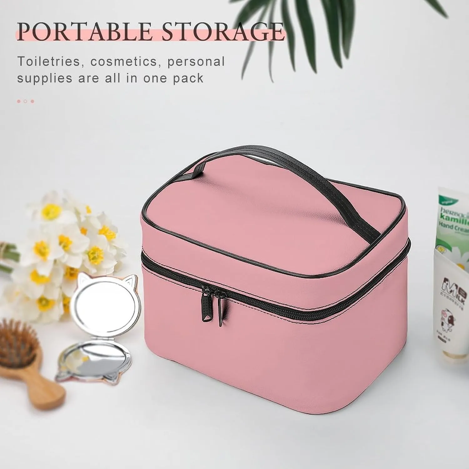 Leather Cosmetic Case, Blush Rose Pink Solid Color Classic Elegant Portable Makeup Bag Organizer Large Capacity Travel Toiletry Bag with Zipper