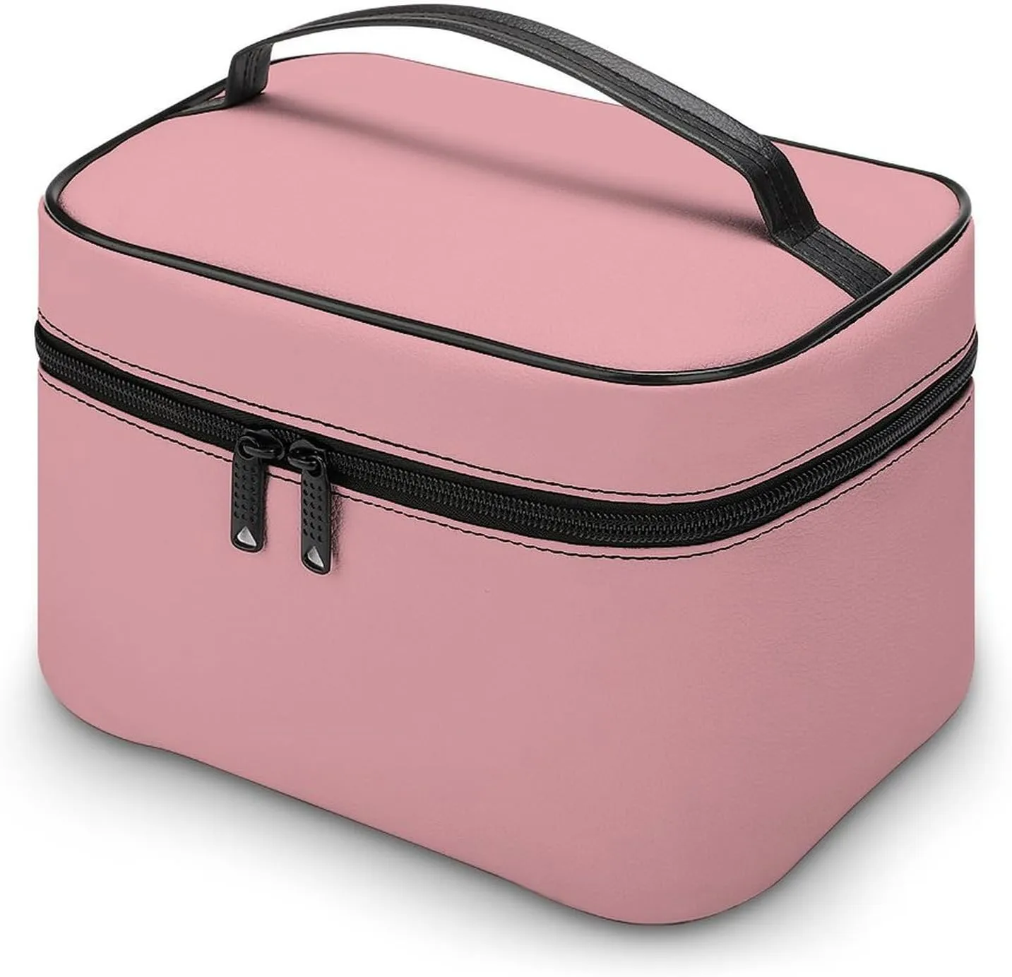 Leather Cosmetic Case, Blush Rose Pink Solid Color Classic Elegant Portable Makeup Bag Organizer Large Capacity Travel Toiletry Bag with Zipper