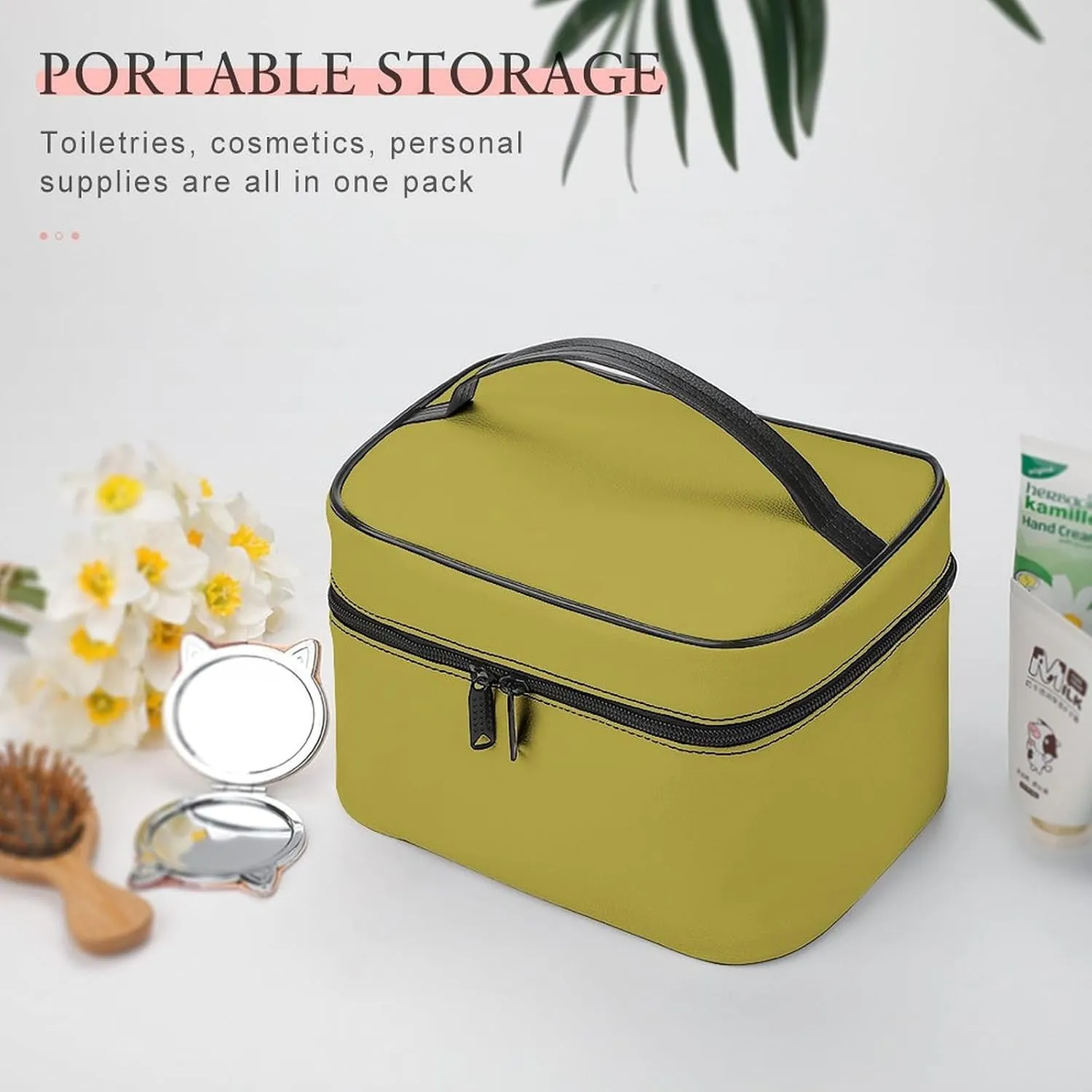 Leather Cosmetic Case, Brass Brown Portable Makeup Bag Organizer Large Capacity Travel Toiletry Bag with Zipper