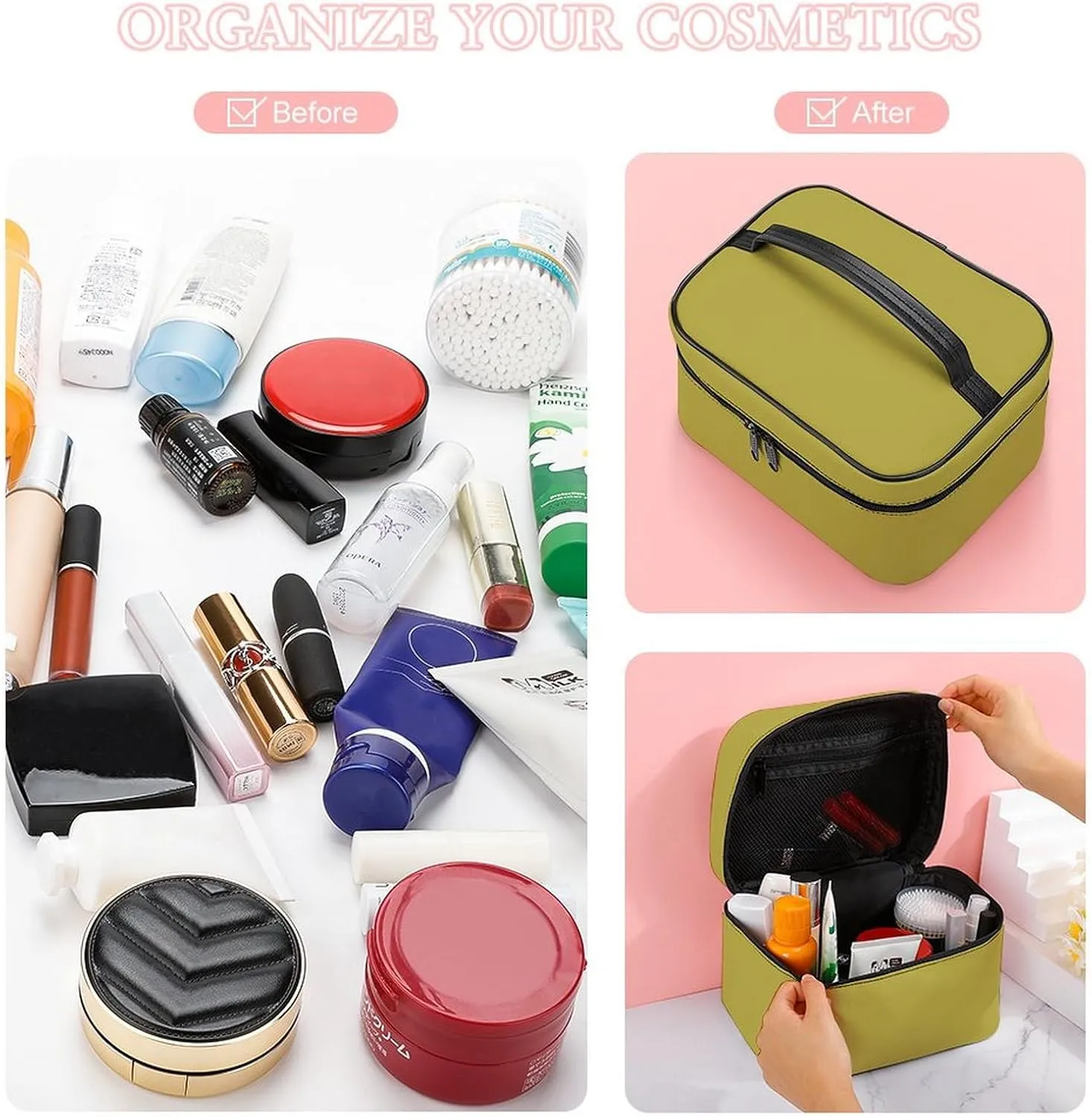 Leather Cosmetic Case, Brass Brown Portable Makeup Bag Organizer Large Capacity Travel Toiletry Bag with Zipper