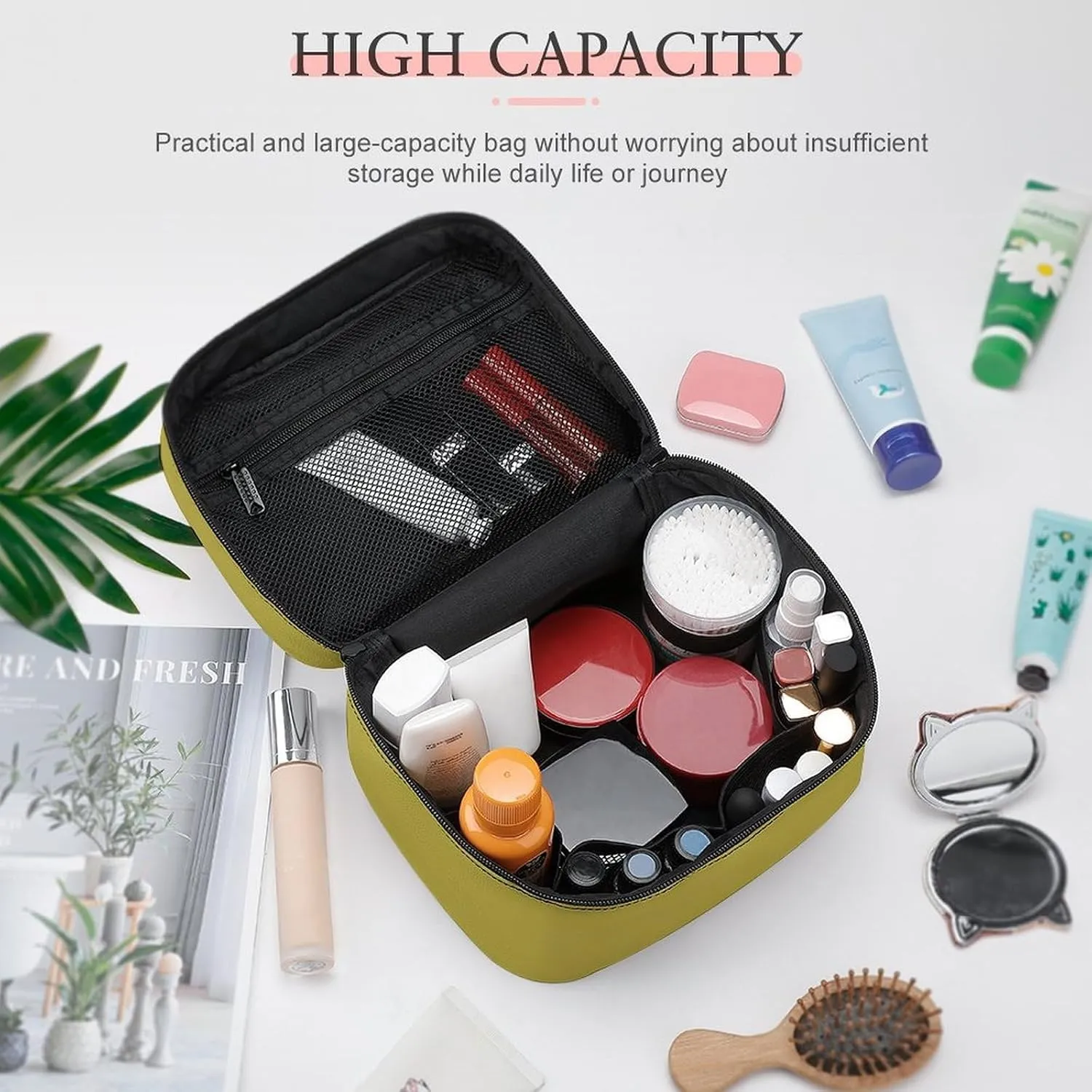 Leather Cosmetic Case, Brass Brown Portable Makeup Bag Organizer Large Capacity Travel Toiletry Bag with Zipper