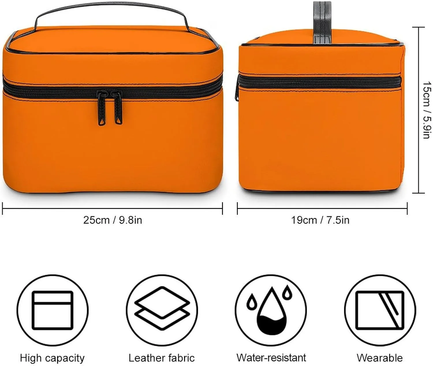 Leather Cosmetic Case, Bright Orange Portable Makeup Bag Organizer Large Capacity Travel Toiletry Bag with Zipper