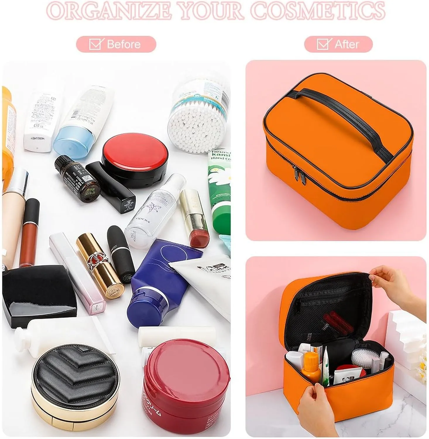 Leather Cosmetic Case, Bright Orange Portable Makeup Bag Organizer Large Capacity Travel Toiletry Bag with Zipper