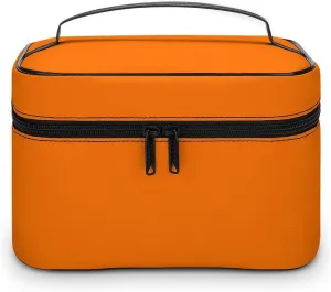 Leather Cosmetic Case, Bright Orange Portable Makeup Bag Organizer Large Capacity Travel Toiletry Bag with Zipper