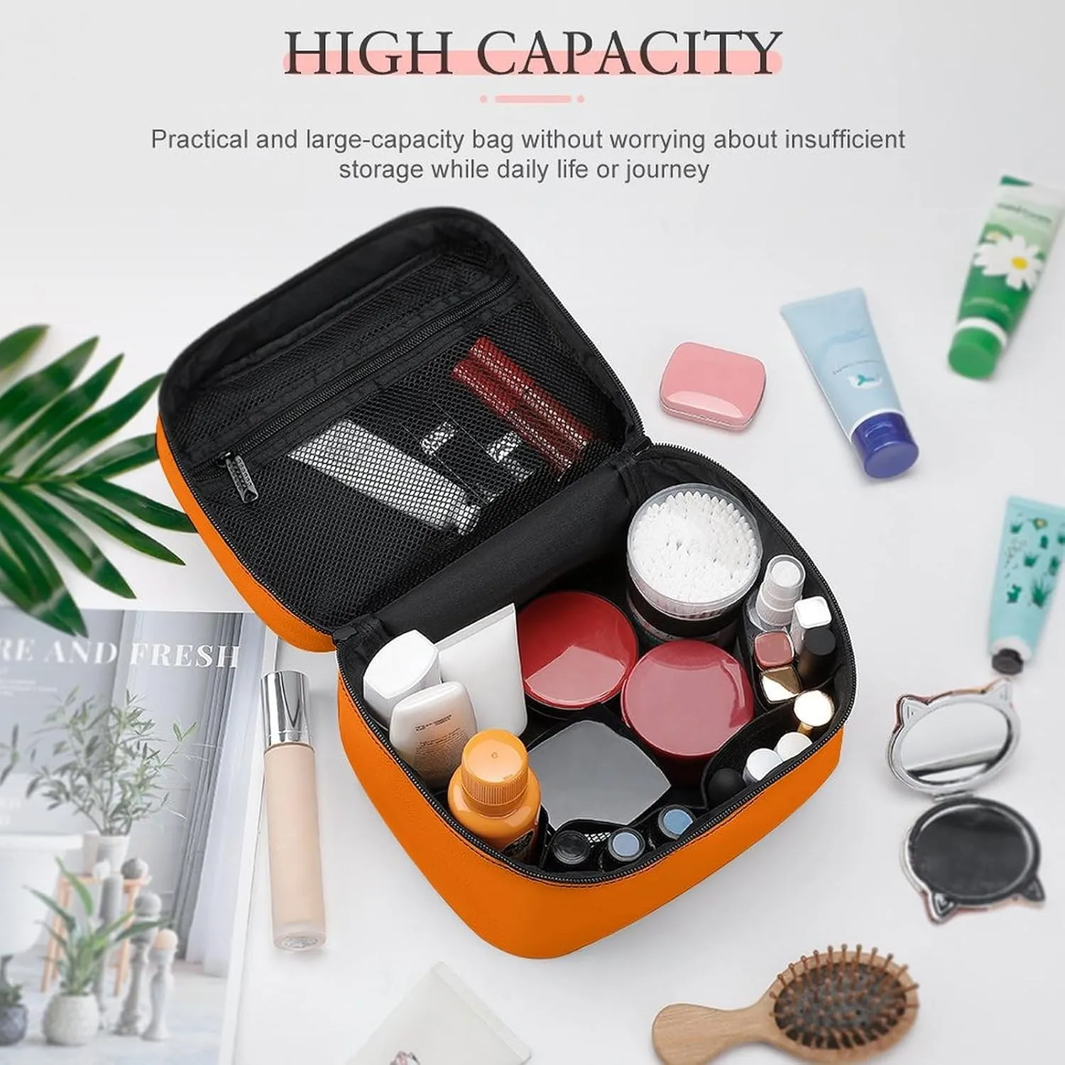 Leather Cosmetic Case, Bright Orange Portable Makeup Bag Organizer Large Capacity Travel Toiletry Bag with Zipper