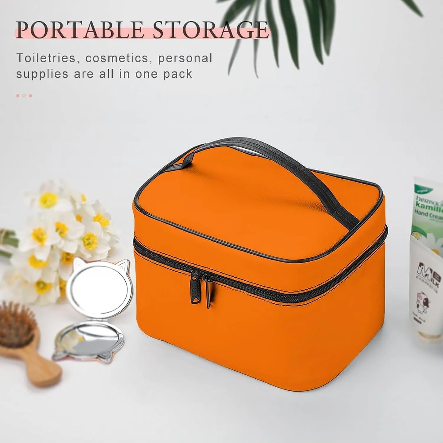 Leather Cosmetic Case, Bright Orange Portable Makeup Bag Organizer Large Capacity Travel Toiletry Bag with Zipper