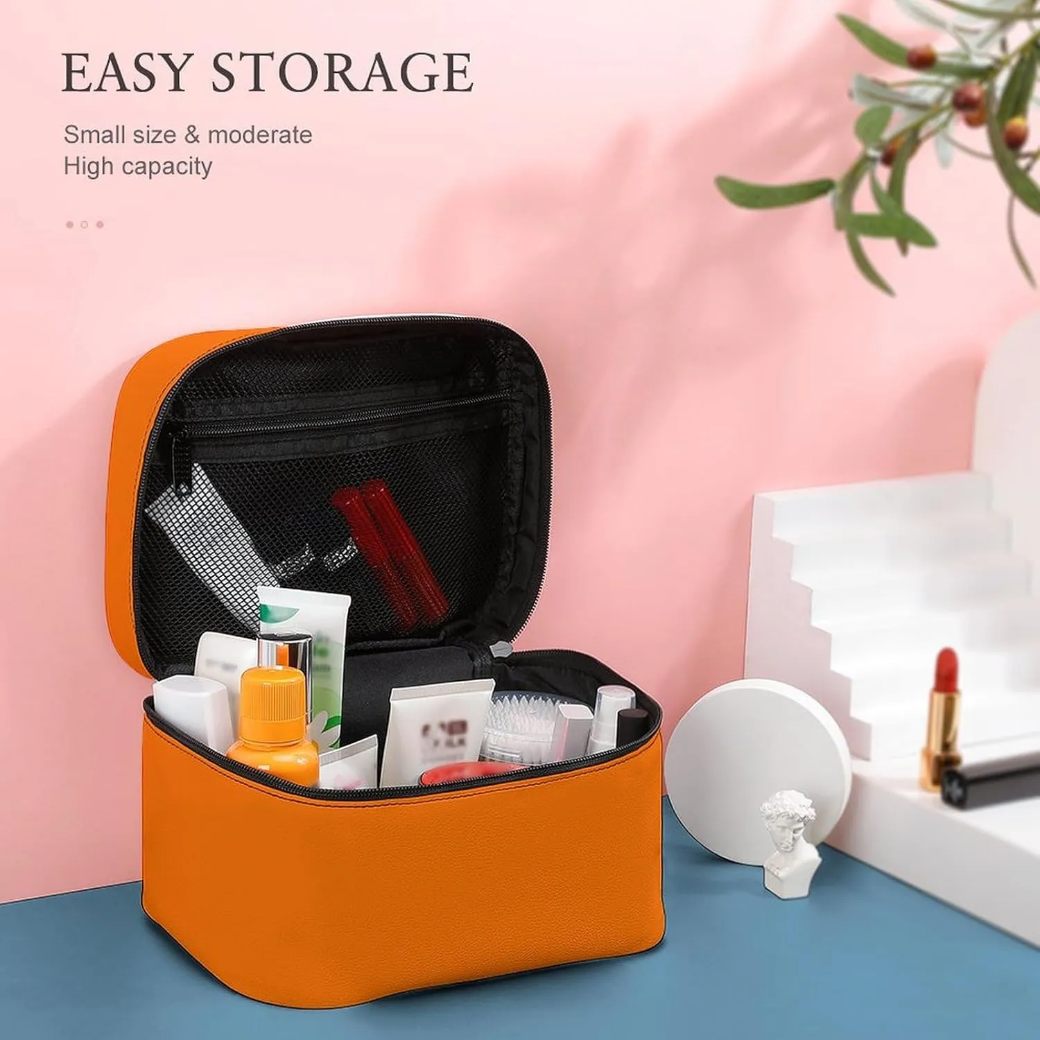 Leather Cosmetic Case, Bright Orange Portable Makeup Bag Organizer Large Capacity Travel Toiletry Bag with Zipper