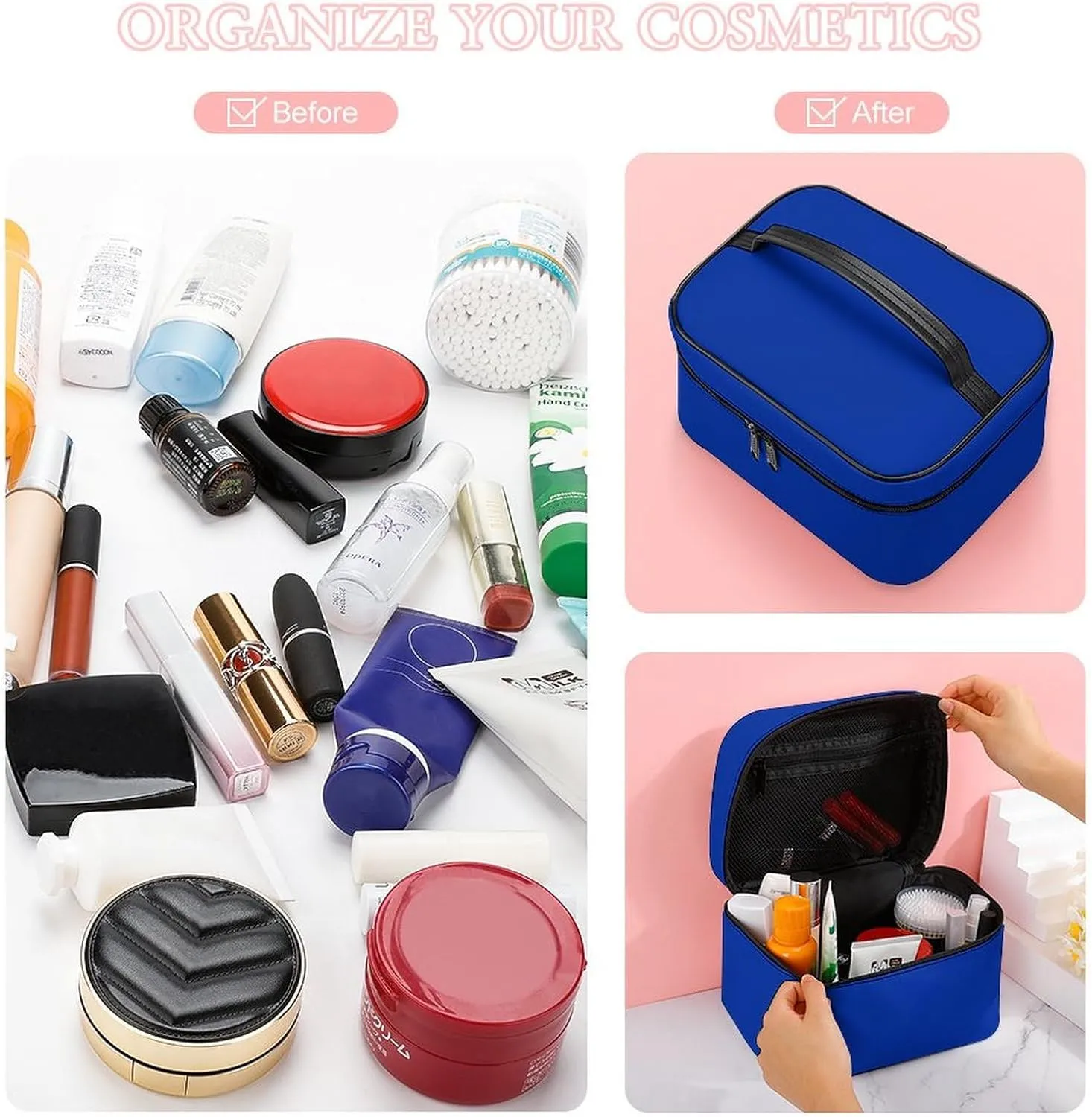 Leather Cosmetic Case, Cobalt Blue Solid Color Classic Elegant Portable Makeup Bag Organizer Large Capacity Travel Toiletry Bag with Zipper