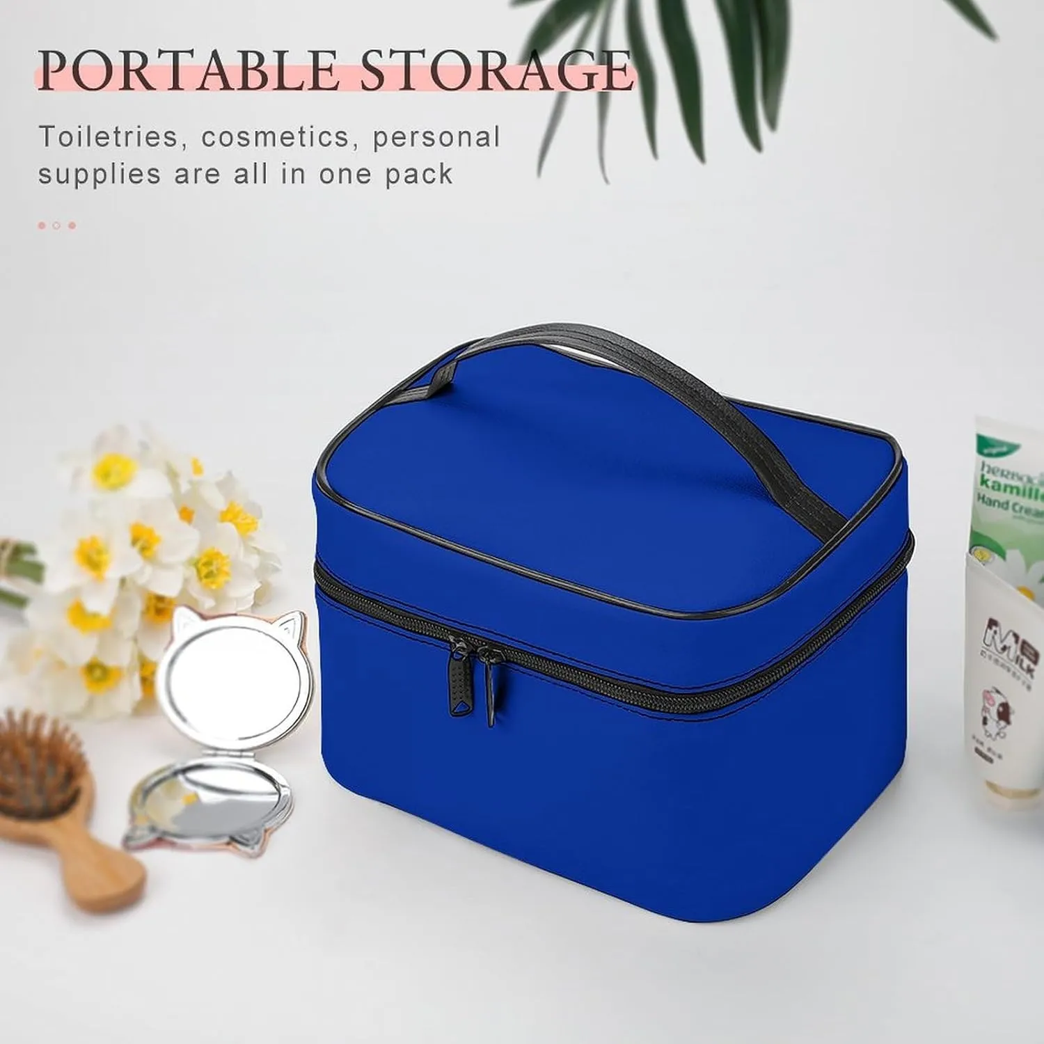 Leather Cosmetic Case, Cobalt Blue Solid Color Classic Elegant Portable Makeup Bag Organizer Large Capacity Travel Toiletry Bag with Zipper