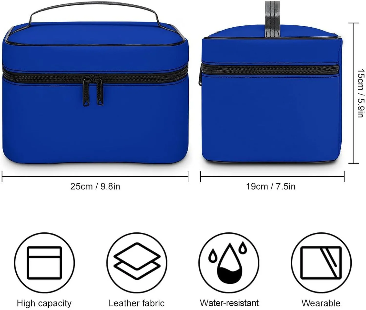 Leather Cosmetic Case, Cobalt Blue Solid Color Classic Elegant Portable Makeup Bag Organizer Large Capacity Travel Toiletry Bag with Zipper