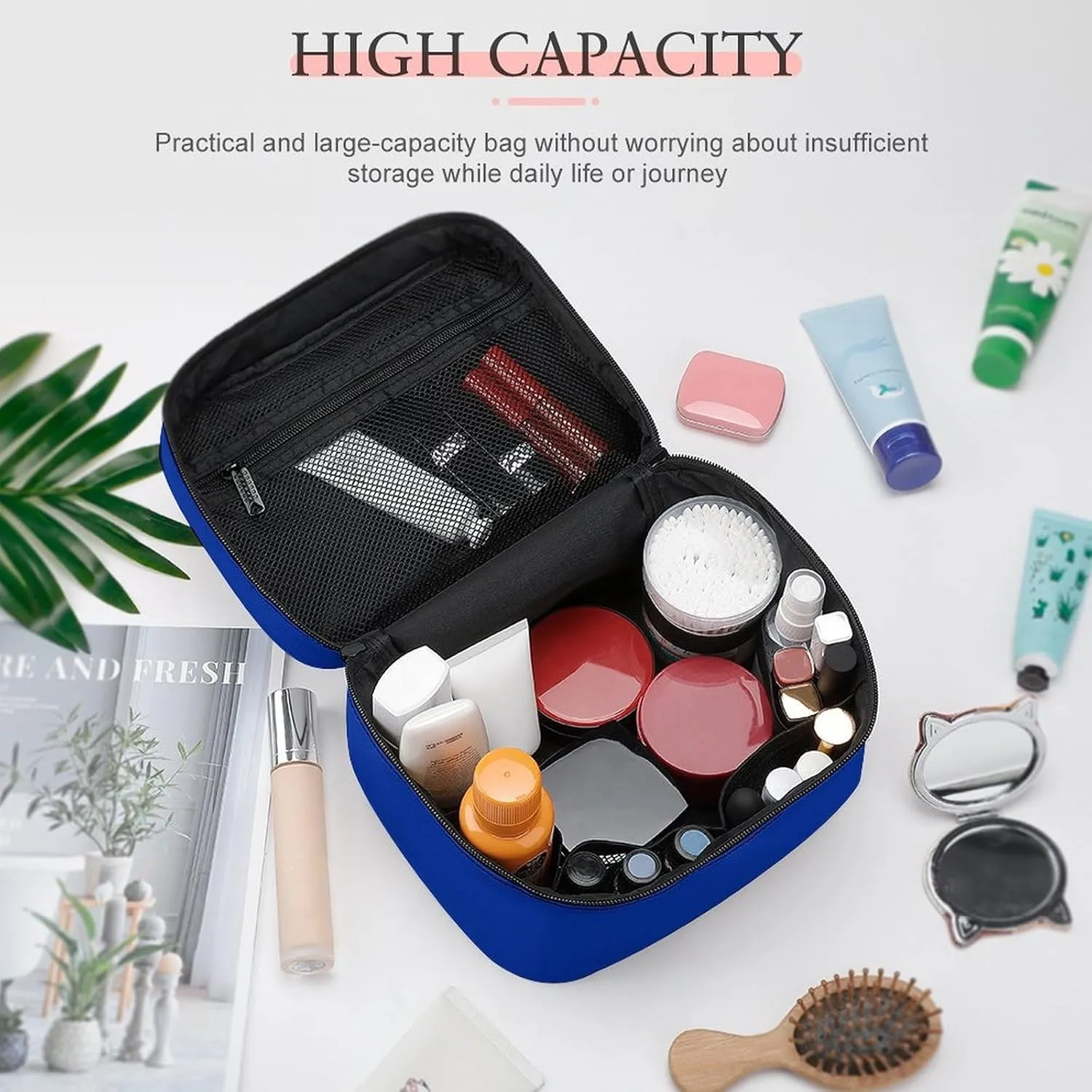 Leather Cosmetic Case, Cobalt Blue Solid Color Classic Elegant Portable Makeup Bag Organizer Large Capacity Travel Toiletry Bag with Zipper