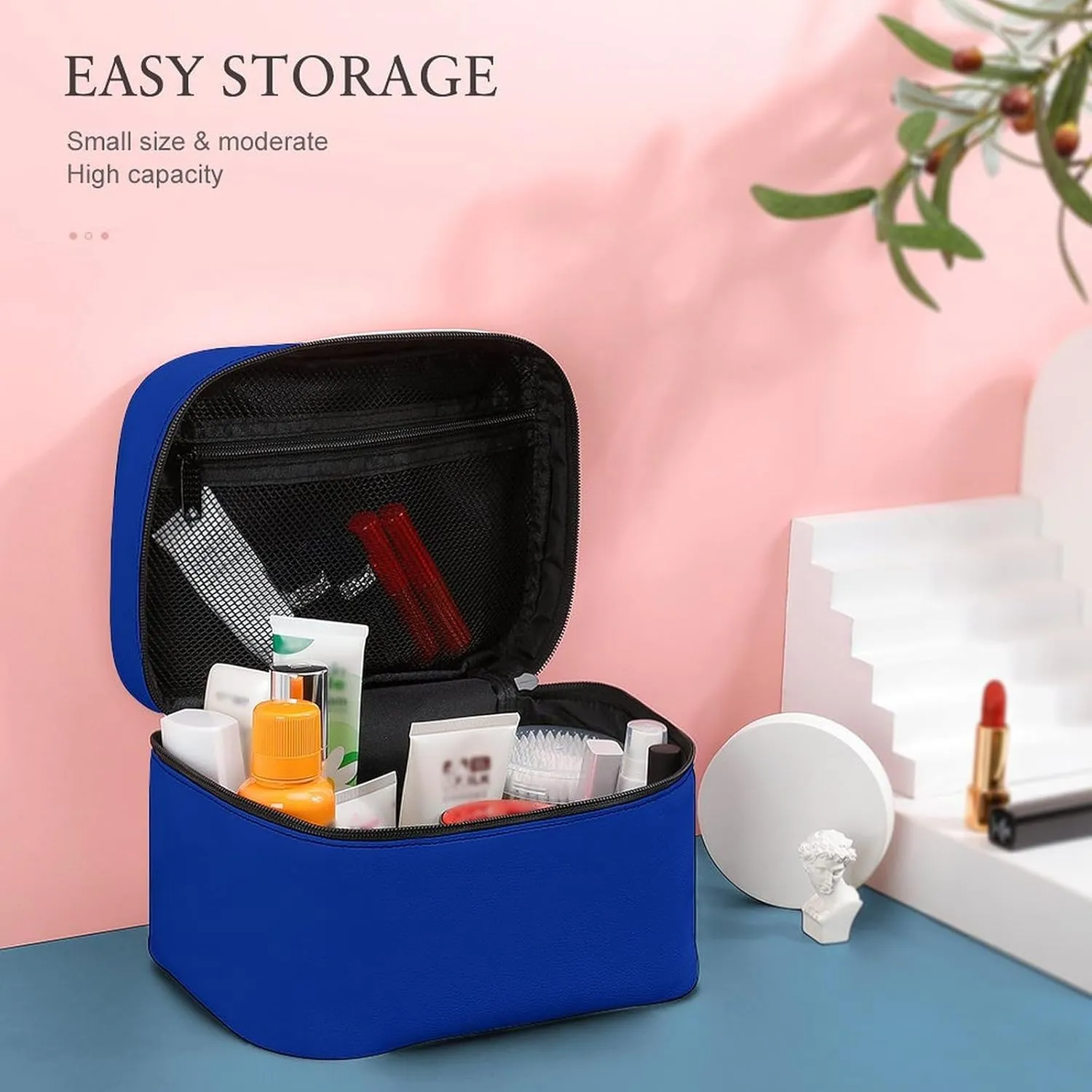 Leather Cosmetic Case, Cobalt Blue Solid Color Classic Elegant Portable Makeup Bag Organizer Large Capacity Travel Toiletry Bag with Zipper