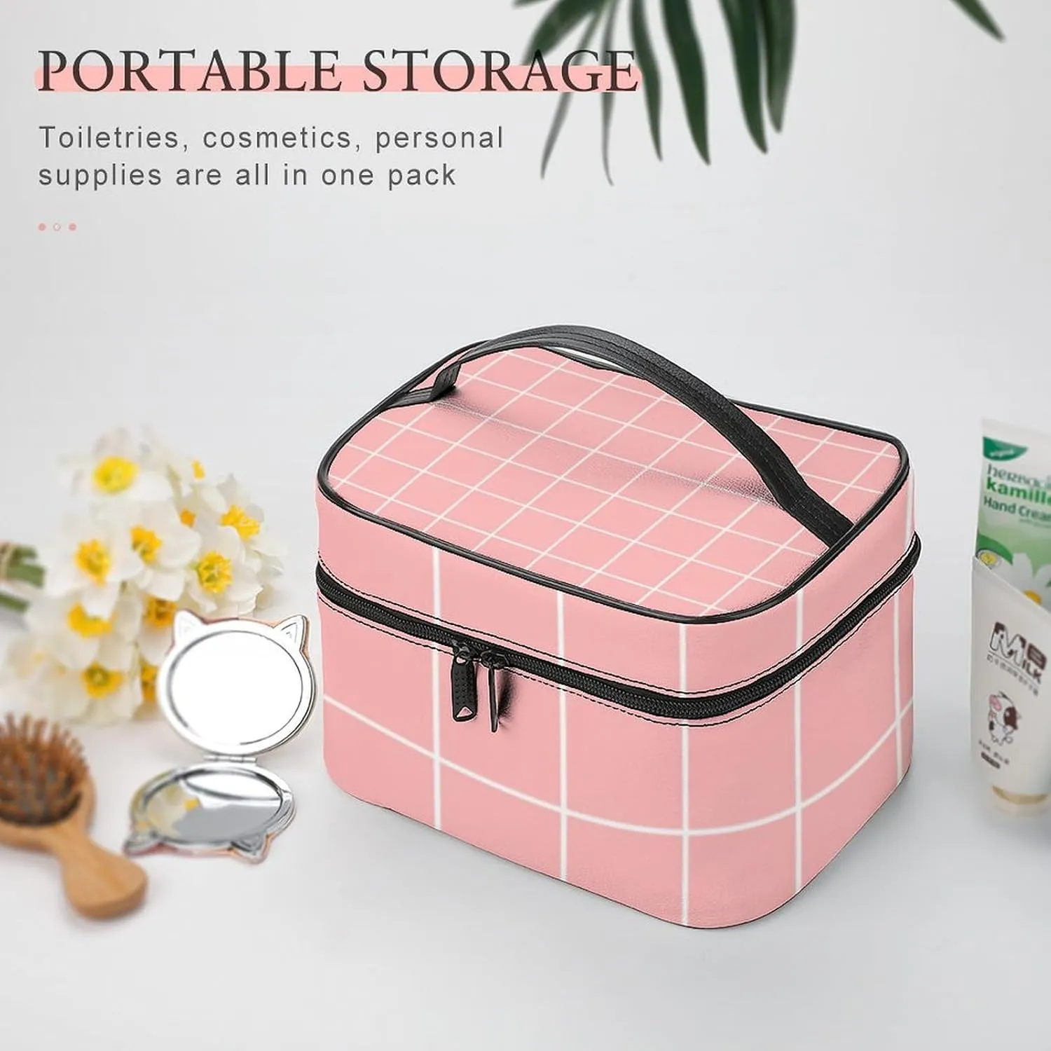 Leather Cosmetic Case, Coral Peach Blush Pink Retro Portable Makeup Bag Organizer Large Capacity Travel Toiletry Bag with Zipper