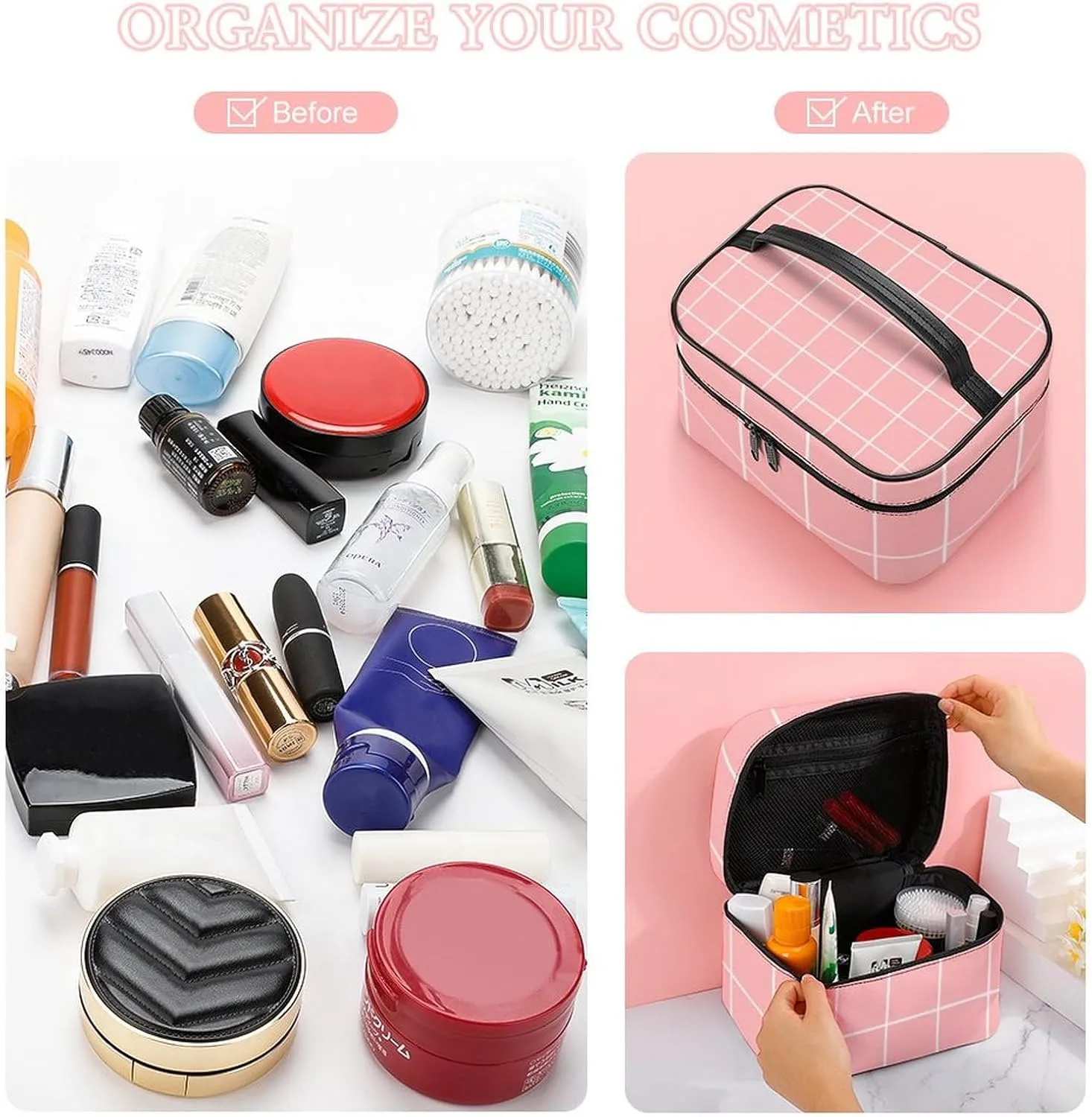 Leather Cosmetic Case, Coral Peach Blush Pink Retro Portable Makeup Bag Organizer Large Capacity Travel Toiletry Bag with Zipper