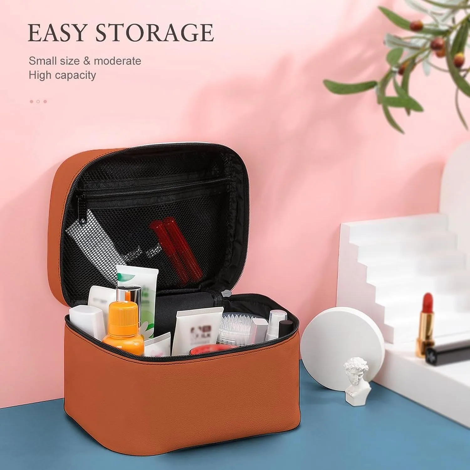 Leather Cosmetic Case, Dark Orange Solid Color Classic Trendy Portable Makeup Bag Organizer Large Capacity Travel Toiletry Bag with Zipper