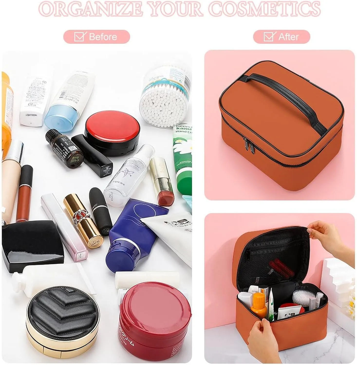 Leather Cosmetic Case, Dark Orange Solid Color Classic Trendy Portable Makeup Bag Organizer Large Capacity Travel Toiletry Bag with Zipper