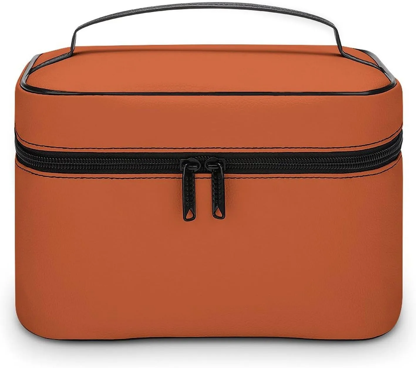 Leather Cosmetic Case, Dark Orange Solid Color Classic Trendy Portable Makeup Bag Organizer Large Capacity Travel Toiletry Bag with Zipper