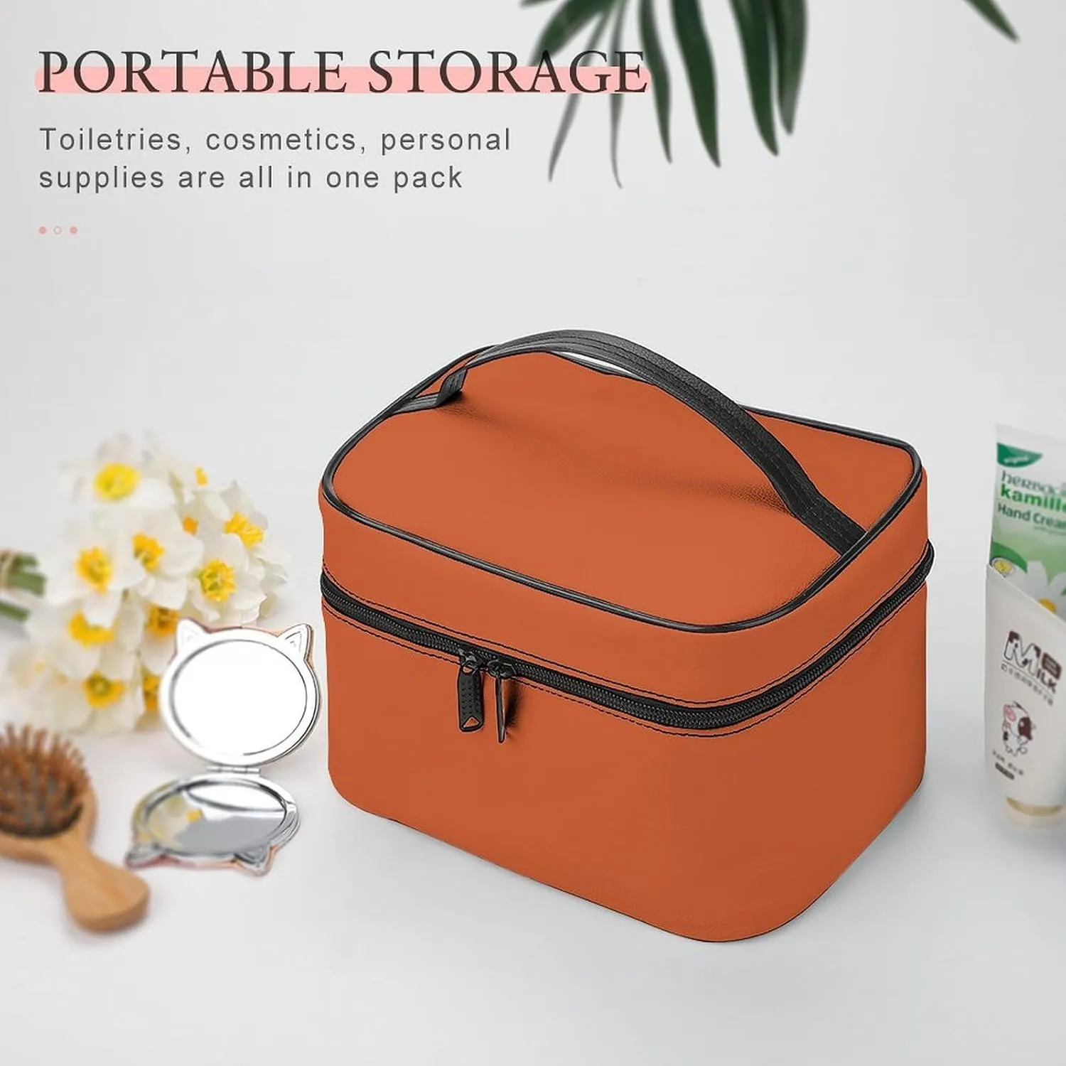 Leather Cosmetic Case, Dark Orange Solid Color Classic Trendy Portable Makeup Bag Organizer Large Capacity Travel Toiletry Bag with Zipper