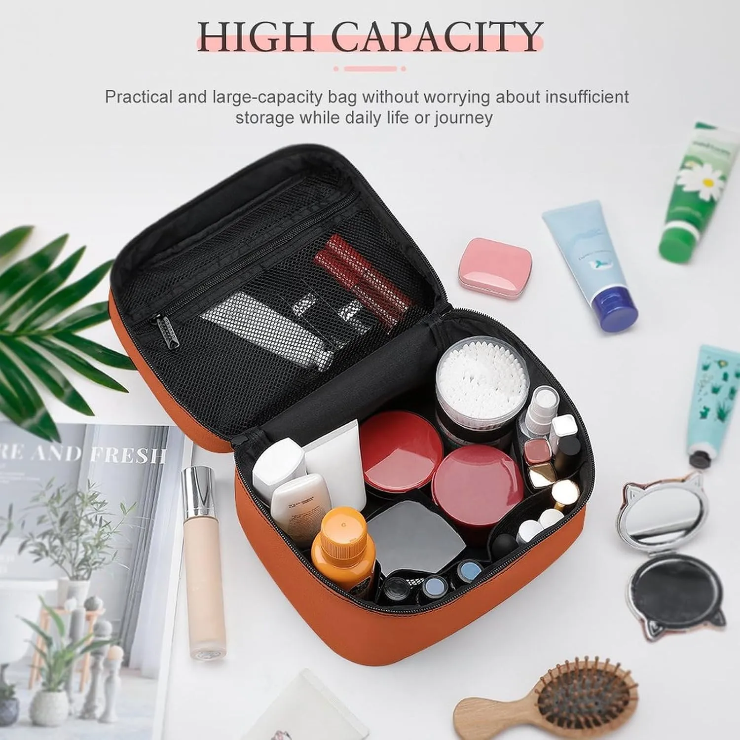 Leather Cosmetic Case, Dark Orange Solid Color Classic Trendy Portable Makeup Bag Organizer Large Capacity Travel Toiletry Bag with Zipper