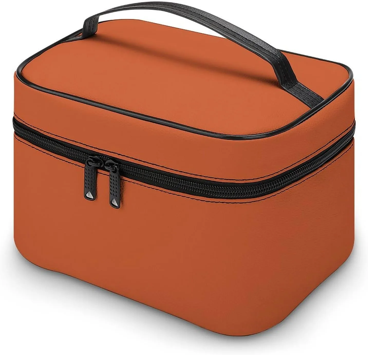 Leather Cosmetic Case, Dark Orange Solid Color Classic Trendy Portable Makeup Bag Organizer Large Capacity Travel Toiletry Bag with Zipper