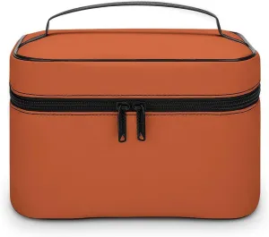 Leather Cosmetic Case, Dark Orange Solid Color Classic Trendy Portable Makeup Bag Organizer Large Capacity Travel Toiletry Bag with Zipper