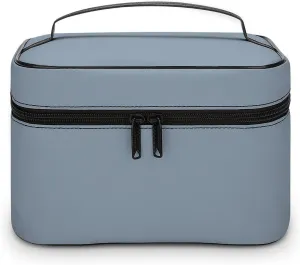 Leather Cosmetic Case, Dusty Blue Color Portable Makeup Bag Organizer Large Capacity Travel Toiletry Bag with Zipper