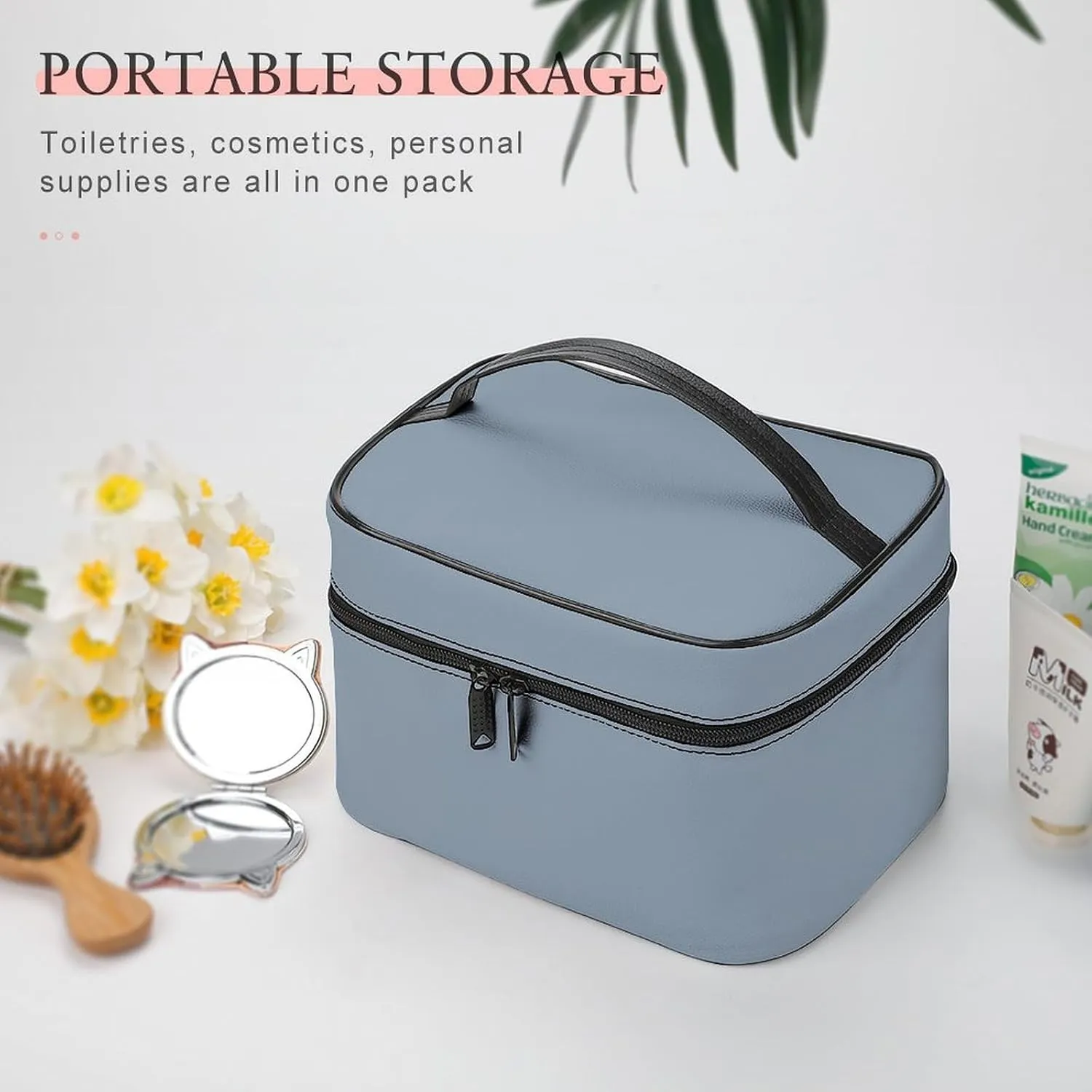 Leather Cosmetic Case, Dusty Blue Color Portable Makeup Bag Organizer Large Capacity Travel Toiletry Bag with Zipper