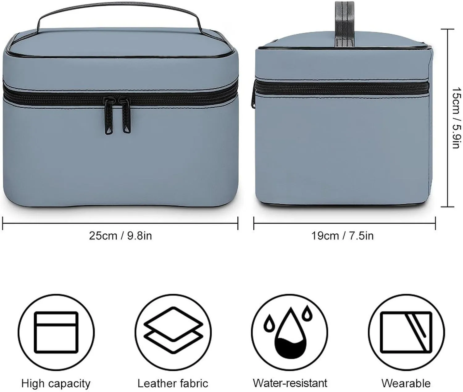 Leather Cosmetic Case, Dusty Blue Color Portable Makeup Bag Organizer Large Capacity Travel Toiletry Bag with Zipper