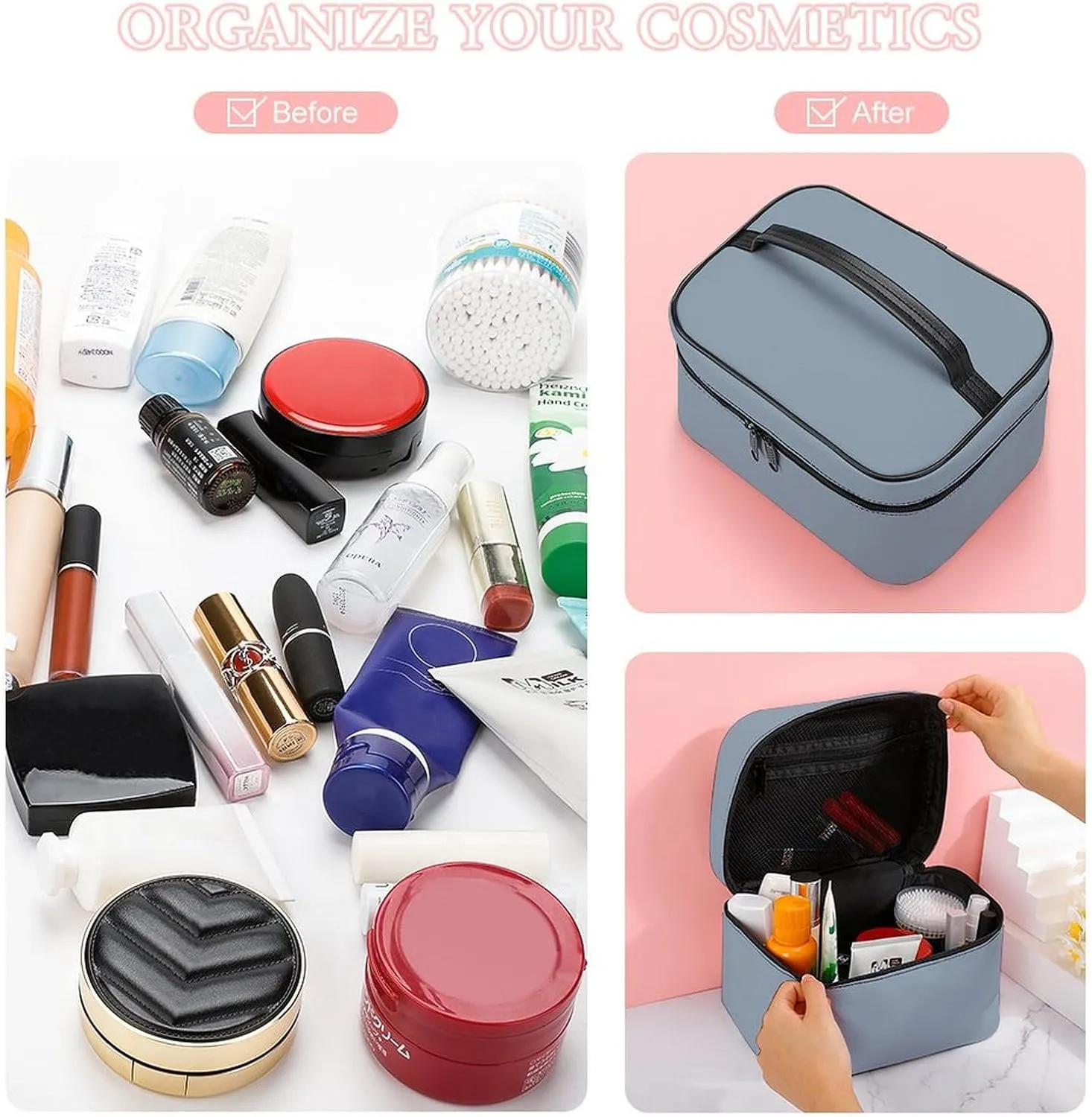 Leather Cosmetic Case, Dusty Blue Color Portable Makeup Bag Organizer Large Capacity Travel Toiletry Bag with Zipper