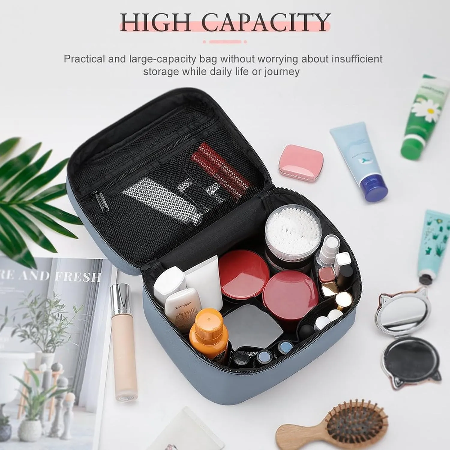 Leather Cosmetic Case, Dusty Blue Color Portable Makeup Bag Organizer Large Capacity Travel Toiletry Bag with Zipper