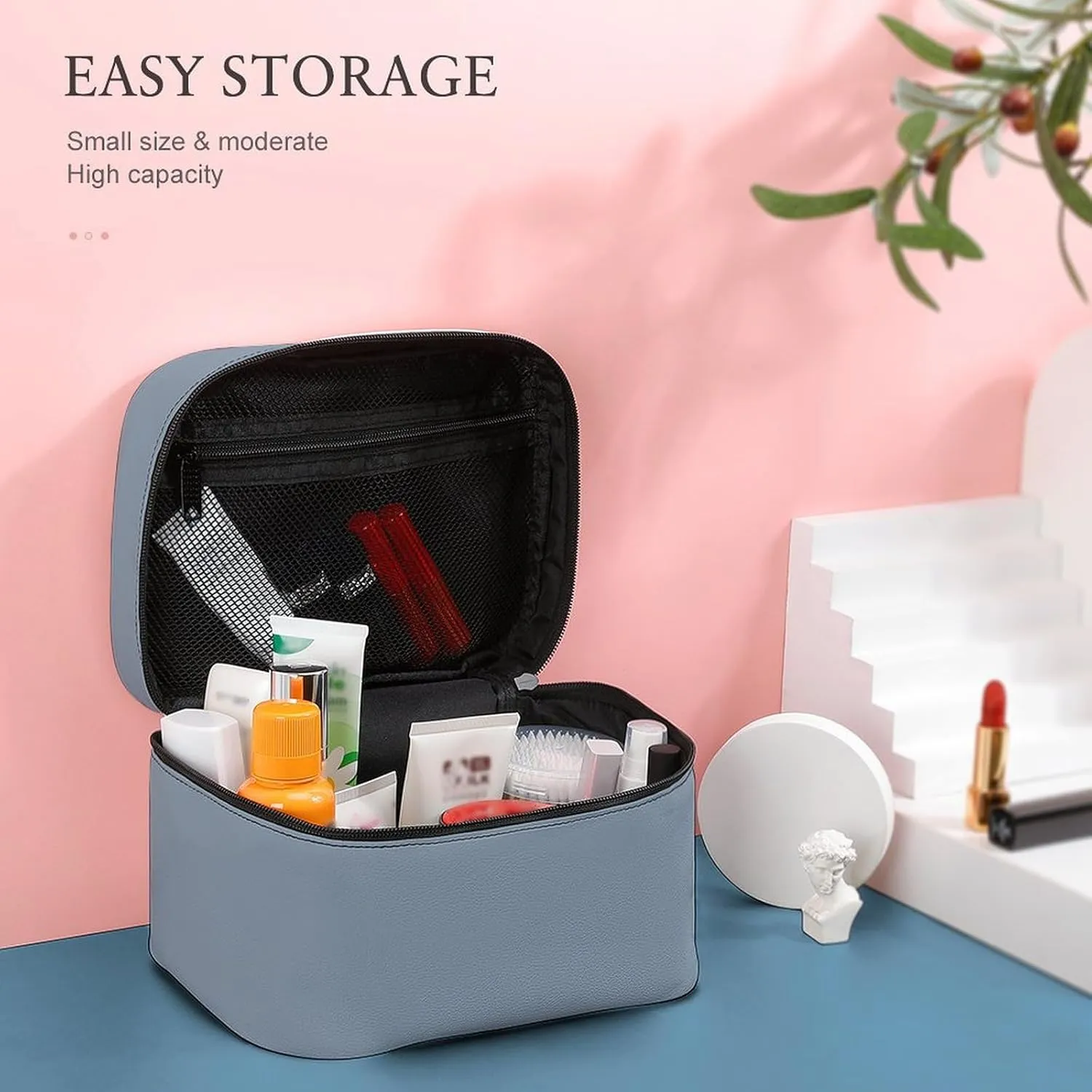 Leather Cosmetic Case, Dusty Blue Color Portable Makeup Bag Organizer Large Capacity Travel Toiletry Bag with Zipper