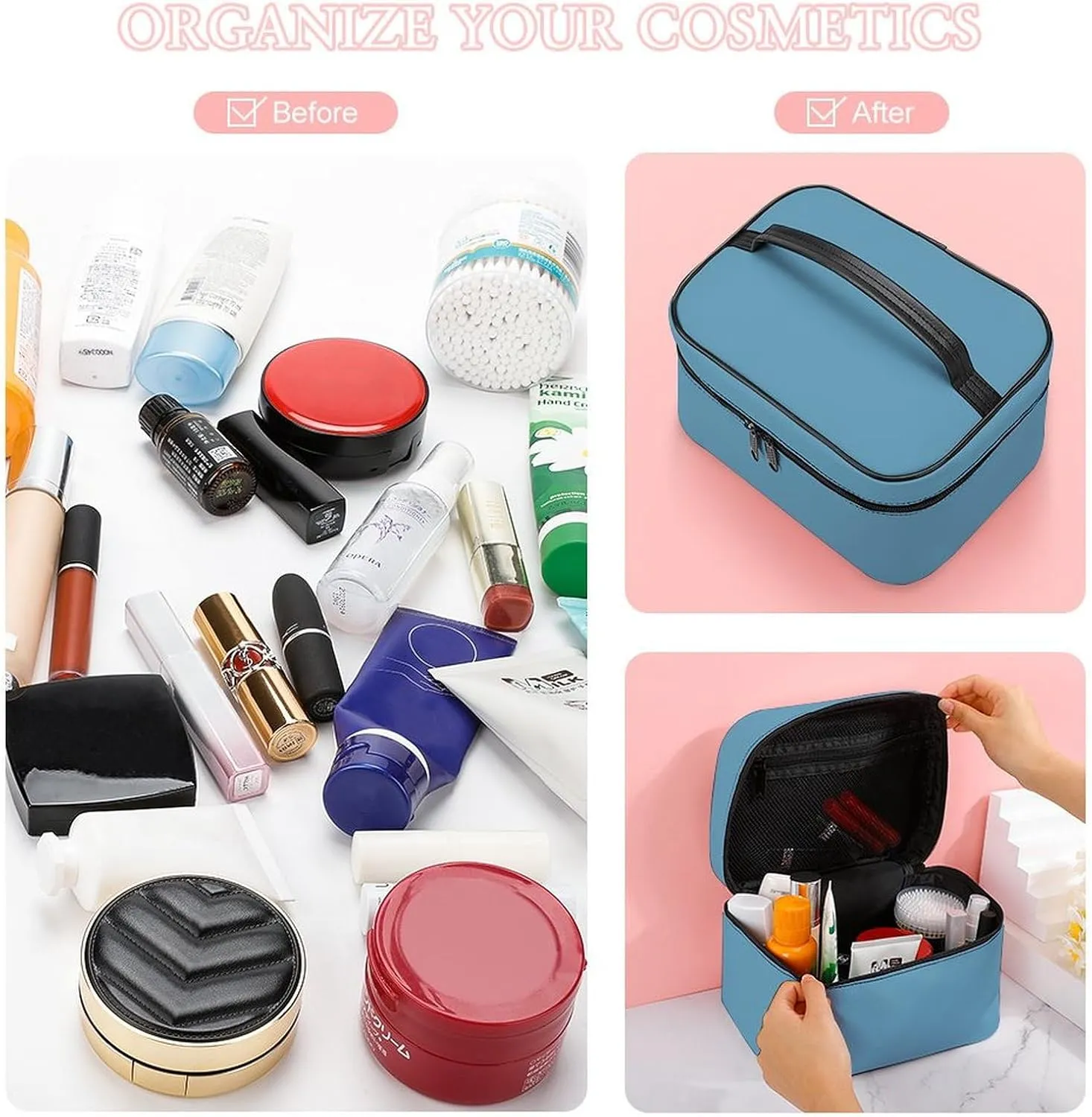 Leather Cosmetic Case, Dusty Blue Portable Makeup Bag Organizer Large Capacity Travel Toiletry Bag with Zipper