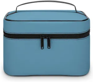 Leather Cosmetic Case, Dusty Blue Portable Makeup Bag Organizer Large Capacity Travel Toiletry Bag with Zipper