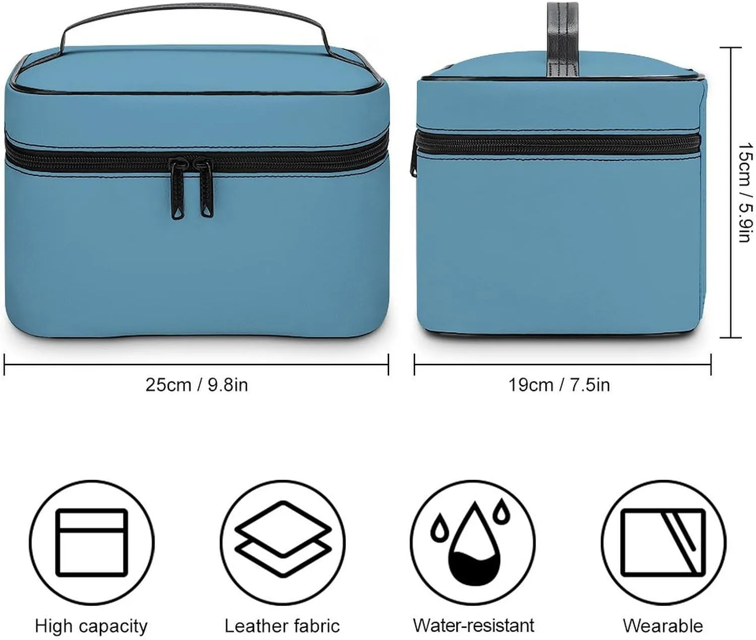 Leather Cosmetic Case, Dusty Blue Portable Makeup Bag Organizer Large Capacity Travel Toiletry Bag with Zipper